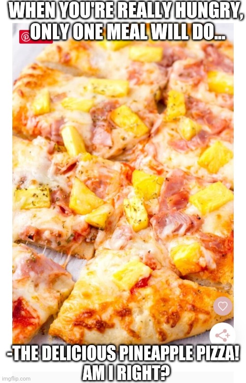 When you're right,  you're right | WHEN YOU'RE REALLY HUNGRY,  ONLY ONE MEAL WILL DO... -THE DELICIOUS PINEAPPLE PIZZA! 
 AM I RIGHT? | image tagged in enjoy,pineapple pizza,always,hawaiian,delicious,yummy | made w/ Imgflip meme maker