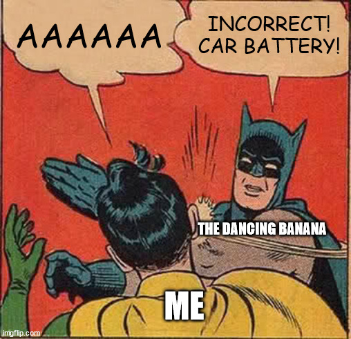 Batman Slapping Robin Meme | AAAAAA; INCORRECT! CAR BATTERY! THE DANCING BANANA; ME | image tagged in memes,batman slapping robin | made w/ Imgflip meme maker
