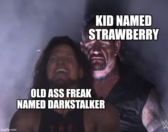 undertaker | KID NAMED STRAWBERRY; OLD ASS FREAK NAMED DARKSTALKER | image tagged in wings of fire,undertaker | made w/ Imgflip meme maker