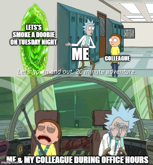 20 minute adventure rick morty | LETS'S SMOKE A DOOBIE ON TUESDAY NIGHT; ME; COLLEAGUE; ME & MY COLLEAGUE DURING OFFICE HOURS | image tagged in 20 minute adventure rick morty | made w/ Imgflip meme maker
