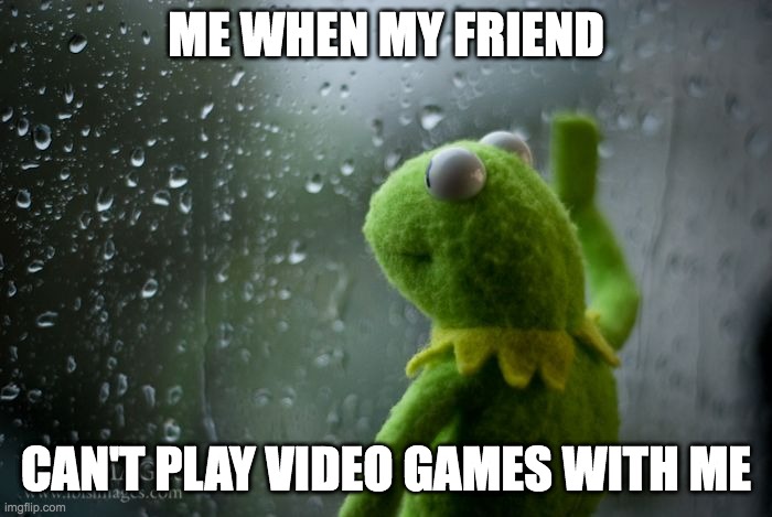 kermit window | ME WHEN MY FRIEND; CAN'T PLAY VIDEO GAMES WITH ME | image tagged in kermit window | made w/ Imgflip meme maker