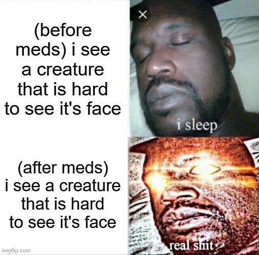 Sleeping Shaq | (before meds) i see a creature that is hard to see it's face; (after meds) i see a creature that is hard to see it's face | image tagged in memes,sleeping shaq | made w/ Imgflip meme maker