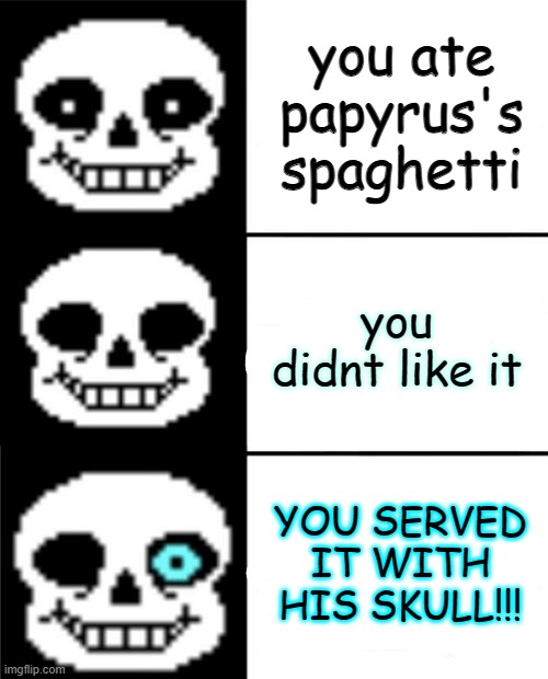 sans | you ate papyrus's spaghetti; you didnt like it; YOU SERVED IT WITH HIS SKULL!!! | image tagged in sans,papyrus,undertale | made w/ Imgflip meme maker