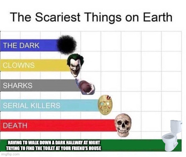 scariest things in the world | HAVING TO WALK DOWN A DARK HALLWAY AT NIGHT TRYING TO FIND THE TOILET AT YOUR FRIEND'S HOUSE | image tagged in scariest things in the world | made w/ Imgflip meme maker