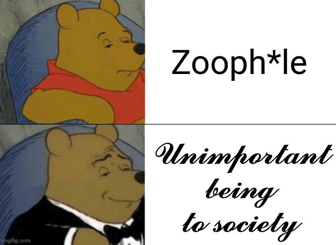 Idk | Zooph*le; 𝓤𝓷𝓲𝓶𝓹𝓸𝓻𝓽𝓪𝓷𝓽 𝓫𝓮𝓲𝓷𝓰 𝓽𝓸 𝓼𝓸𝓬𝓲𝓮𝓽𝔂 | made w/ Imgflip meme maker