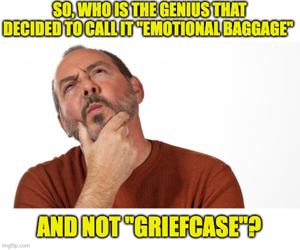 Good grief | SO, WHO IS THE GENIUS THAT DECIDED TO CALL IT "EMOTIONAL BAGGAGE"; AND NOT "GRIEFCASE"? | image tagged in hmmm,dad joke | made w/ Imgflip meme maker