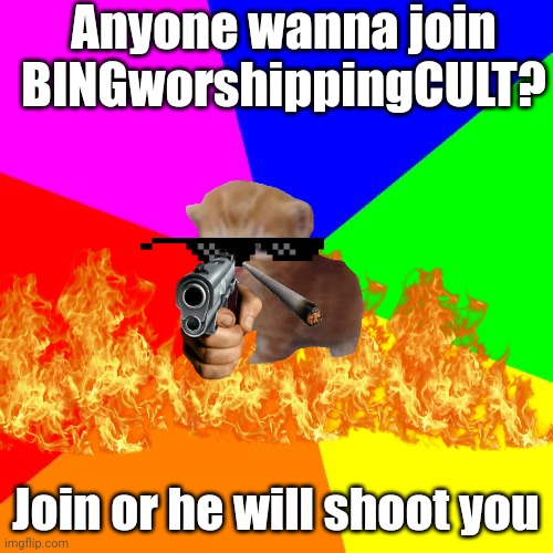 Come join the BINGworshippingCULT | Anyone wanna join BINGworshippingCULT? Join or he will shoot you | image tagged in memes,blank colored background | made w/ Imgflip meme maker