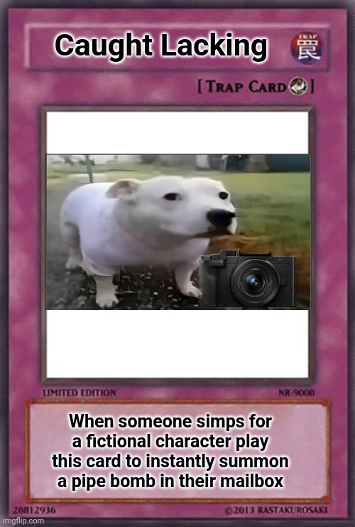 Trap Card Meme | Caught Lacking; When someone simps for a fictional character play this card to instantly summon a pipe bomb in their mailbox | image tagged in trap card meme | made w/ Imgflip meme maker