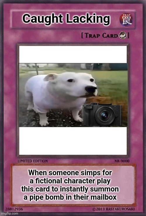 Trap Card Meme | Caught Lacking; When someone simps for a fictional character play this card to instantly summon a pipe bomb in their mailbox | image tagged in trap card meme | made w/ Imgflip meme maker