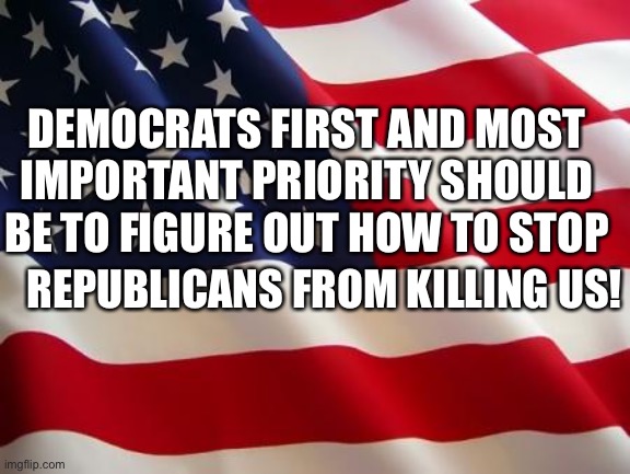 American flag | DEMOCRATS FIRST AND MOST IMPORTANT PRIORITY SHOULD BE TO FIGURE OUT HOW TO STOP; REPUBLICANS FROM KILLING US! | image tagged in american flag | made w/ Imgflip meme maker