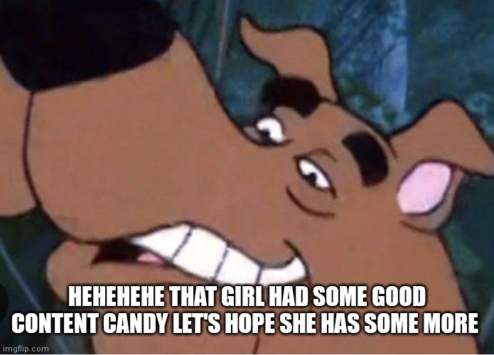 Scooby Dooby doo | HEHEHEHE THAT GIRL HAD SOME GOOD CONTENT CANDY LET'S HOPE SHE HAS SOME MORE | image tagged in funny memes,scooby doo,cute girl | made w/ Imgflip meme maker