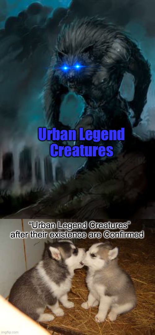 “Urban Legend Creatures” be like | Urban Legend Creatures; “Urban Legend Creatures” after their existence are Confirmed | image tagged in werewolf,memes,cute puppies | made w/ Imgflip meme maker