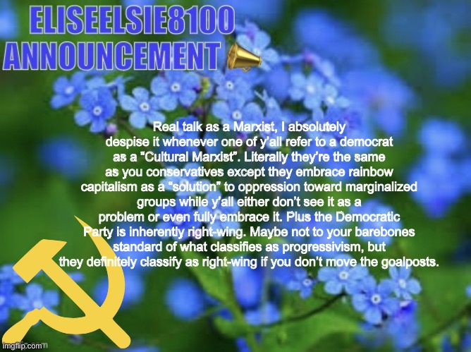 Also idk what warped version of Marxism y’all have, but Cultural Marxism is the opposite of what we currently have | Real talk as a Marxist, I absolutely despise it whenever one of y’all refer to a democrat as a “Cultural Marxist”. Literally they’re the same as you conservatives except they embrace rainbow capitalism as a “solution” to oppression toward marginalized groups while y’all either don’t see it as a problem or even fully embrace it. Plus the Democratic Party is inherently right-wing. Maybe not to your barebones standard of what classifies as progressivism, but they definitely classify as right-wing if you don’t move the goalposts. | image tagged in elizabeth won t shut up about antisemitism so i won t shut up ab | made w/ Imgflip meme maker