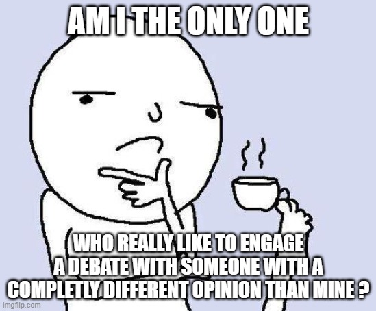 Am I the only one ? | AM I THE ONLY ONE; WHO REALLY LIKE TO ENGAGE A DEBATE WITH SOMEONE WITH A COMPLETLY DIFFERENT OPINION THAN MINE ? | image tagged in thinking meme | made w/ Imgflip meme maker