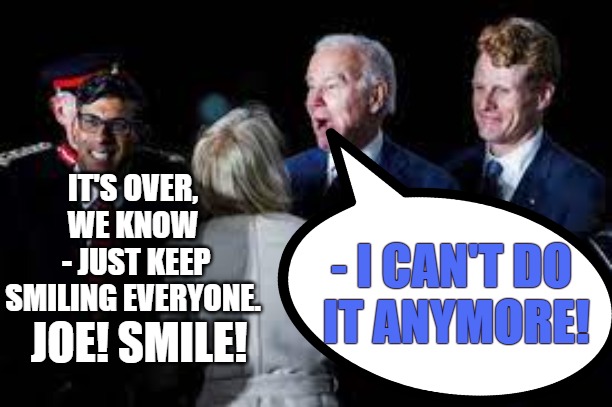 Joe and the Puppet Show | IT'S OVER, WE KNOW
 - JUST KEEP SMILING EVERYONE. - I CAN'T DO
 IT ANYMORE! JOE! SMILE! | image tagged in joe biden,nwo,globalist,cabal,actors | made w/ Imgflip meme maker