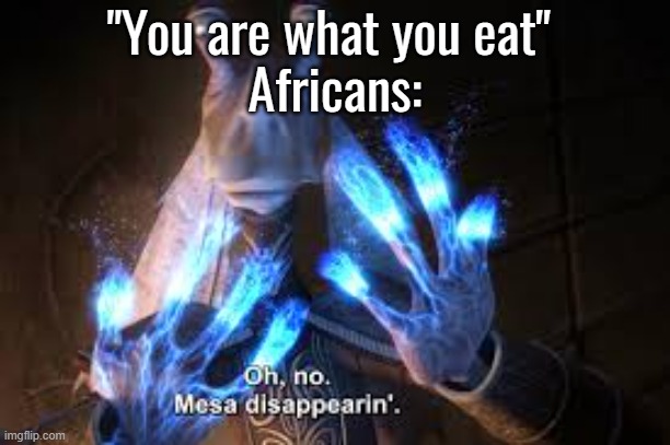 oh no mesa disappearing | "You are what you eat" 
Africans: | image tagged in oh no mesa disappearing | made w/ Imgflip meme maker