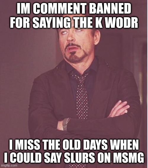 Face You Make Robert Downey Jr | IM COMMENT BANNED FOR SAYING THE K WODR; I MISS THE OLD DAYS WHEN I COULD SAY SLURS ON MSMG | image tagged in memes,face you make robert downey jr | made w/ Imgflip meme maker