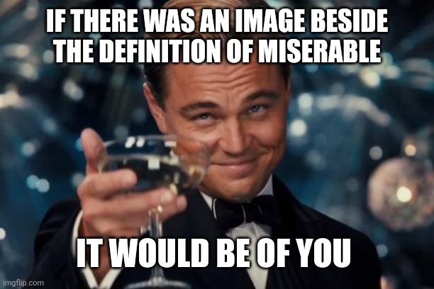 Definition of Miserable | IF THERE WAS AN IMAGE BESIDE THE DEFINITION OF MISERABLE; IT WOULD BE OF YOU | image tagged in leonardo,misery,narcissist,drama | made w/ Imgflip meme maker