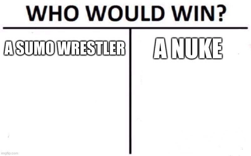 i think nuke wins | A SUMO WRESTLER; A NUKE | image tagged in memes,who would win | made w/ Imgflip meme maker