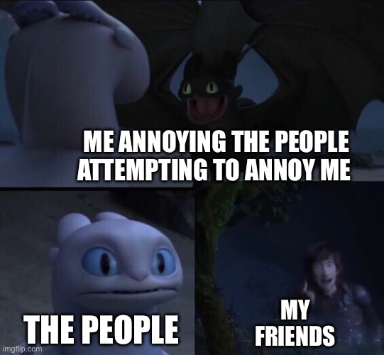 How to train your dragon 3 | ME ANNOYING THE PEOPLE ATTEMPTING TO ANNOY ME; THE PEOPLE; MY FRIENDS | image tagged in how to train your dragon 3 | made w/ Imgflip meme maker
