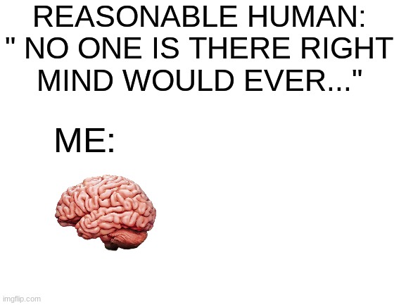 People in their right mind when left mind walks in: | REASONABLE HUMAN:

" NO ONE IS THERE RIGHT MIND WOULD EVER..."; ME: | image tagged in blank white template,expanding brain,funny memes,school,true story | made w/ Imgflip meme maker