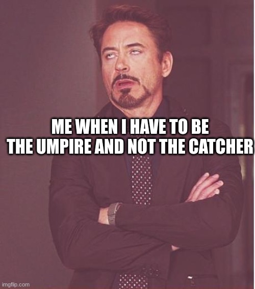 Face You Make Robert Downey Jr | ME WHEN I HAVE TO BE THE UMPIRE AND NOT THE CATCHER | image tagged in memes,face you make robert downey jr | made w/ Imgflip meme maker