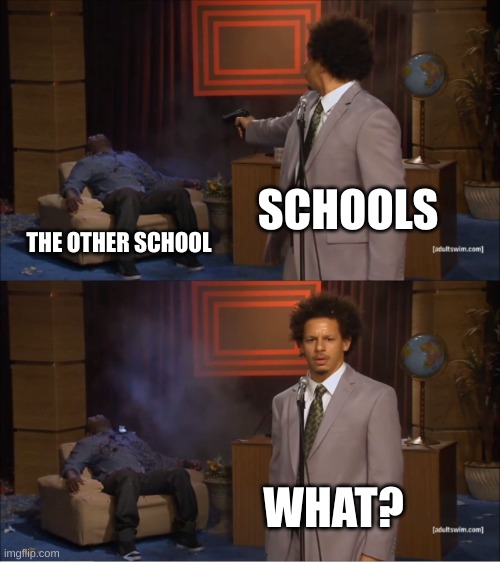 ??? | SCHOOLS; THE OTHER SCHOOL; WHAT? | image tagged in memes,who killed hannibal | made w/ Imgflip meme maker