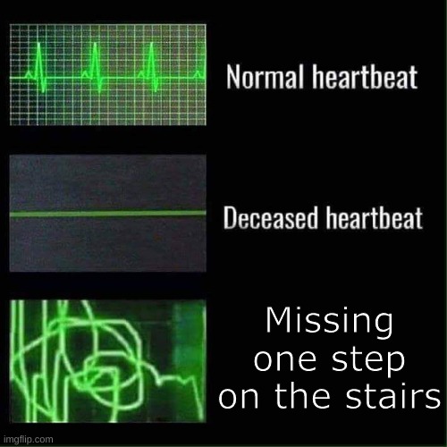 Certified heart attack moment | Missing one step on the stairs | image tagged in heart beat meme | made w/ Imgflip meme maker