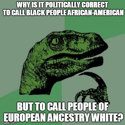 Reverse racism or walking on eggshells? | WHY IS IT POLITICALLY CORRECT TO CALL BLACK PEOPLE AFRICAN-AMERICAN BUT TO CALL PEOPLE OF EUROPEAN ANCESTRY WHITE? | image tagged in memes,philosoraptor | made w/ Imgflip meme maker