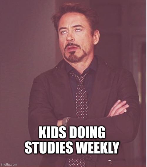 Face You Make Robert Downey Jr Meme | KIDS DOING STUDIES WEEKLY | image tagged in memes,face you make robert downey jr | made w/ Imgflip meme maker