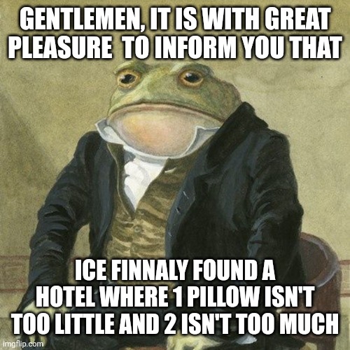 Pillowz | GENTLEMEN, IT IS WITH GREAT PLEASURE  TO INFORM YOU THAT; ICE FINNALY FOUND A HOTEL WHERE 1 PILLOW ISN'T TOO LITTLE AND 2 ISN'T TOO MUCH | image tagged in gentlemen it is with great pleasure to inform you that | made w/ Imgflip meme maker