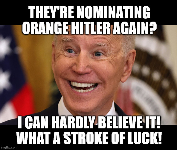 Lucky Joe | THEY'RE NOMINATING
ORANGE HITLER AGAIN? I CAN HARDLY BELIEVE IT!
WHAT A STROKE OF LUCK! | image tagged in grinning joe | made w/ Imgflip meme maker