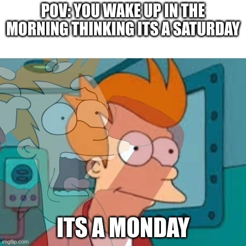 so true | POV: YOU WAKE UP IN THE MORNING THINKING ITS A SATURDAY; ITS A MONDAY | image tagged in fry,funny,funny memes,funny meme,relatable,relatable memes | made w/ Imgflip meme maker