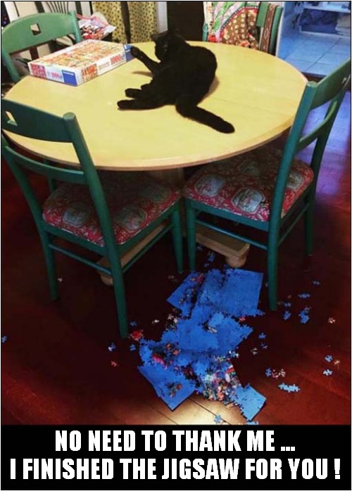 What A Thoughtful Cat ! | NO NEED TO THANK ME ...
I FINISHED THE JIGSAW FOR YOU ! | image tagged in cats,jigsaw,destruction | made w/ Imgflip meme maker