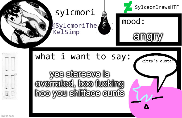so what if i don't like stareevee? it's not the end of the world if i don't like something you like, it's my opinion. | angry; yes stareeve is overrated, boo fucking hoo you shitface cunts | image tagged in sylceon is in love w/ kel uwuwuwu /hj | made w/ Imgflip meme maker