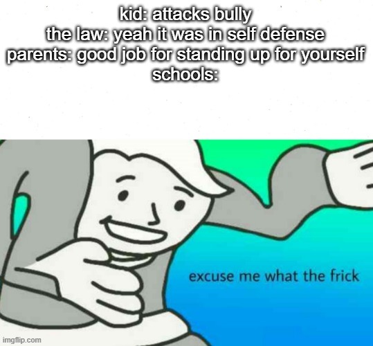 excuse me what the frick | kid: attacks bully
the law: yeah it was in self defense
parents: good job for standing up for yourself
schools: | image tagged in excuse me what the frick | made w/ Imgflip meme maker