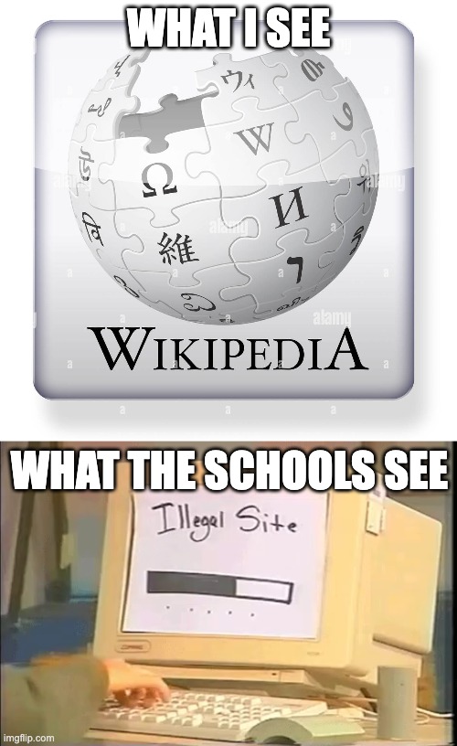 Why is Wikipedia always blocked | WHAT I SEE; WHAT THE SCHOOLS SEE | image tagged in illegal site,school,memes,wikipedia | made w/ Imgflip meme maker