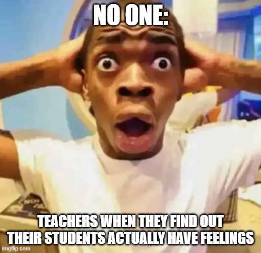Shocked black guy | NO ONE:; TEACHERS WHEN THEY FIND OUT THEIR STUDENTS ACTUALLY HAVE FEELINGS | image tagged in shocked black guy | made w/ Imgflip meme maker