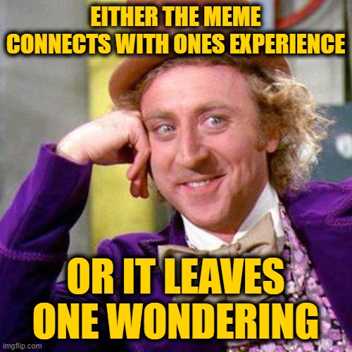 Willy Wonka Blank | EITHER THE MEME CONNECTS WITH ONES EXPERIENCE OR IT LEAVES ONE WONDERING | image tagged in willy wonka blank | made w/ Imgflip meme maker