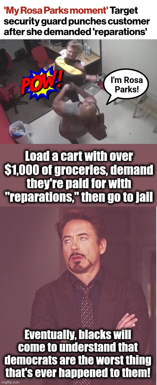 Rosa Parks didn't demand a free bus ride | I'm Rosa
Parks! Load a cart with over $1,000 of groceries, demand they're paid for with "reparations," then go to jail; Eventually, blacks will come to understand that democrats are the worst thing that's ever happened to them! | image tagged in memes,face you make robert downey jr,rosa parks,reparations,democrats,joe biden | made w/ Imgflip meme maker