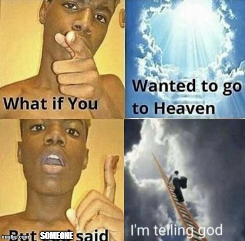 saw this repost | SOMEONE | image tagged in what if you wanted to go to heaven,im telling god | made w/ Imgflip meme maker