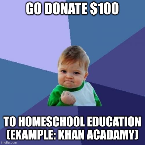 Success Kid | GO DONATE $100; TO HOMESCHOOL EDUCATION (EXAMPLE: KHAN ACADAMY) | image tagged in memes,success kid | made w/ Imgflip meme maker