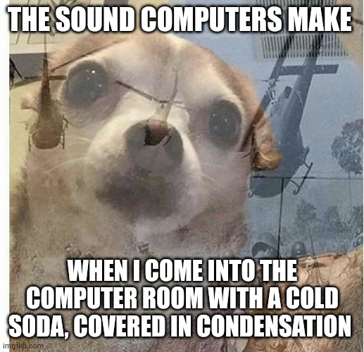 Soda and computers don't mix | THE SOUND COMPUTERS MAKE; WHEN I COME INTO THE COMPUTER ROOM WITH A COLD SODA, COVERED IN CONDENSATION | image tagged in ptsd chihuahua | made w/ Imgflip meme maker