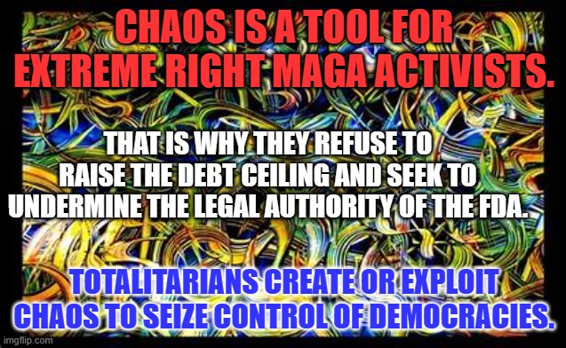 If MAGA seizes control. the GOP, its voters and politicians will be of no value to them. | CHAOS IS A TOOL FOR EXTREME RIGHT MAGA ACTIVISTS. THAT IS WHY THEY REFUSE TO RAISE THE DEBT CEILING AND SEEK TO UNDERMINE THE LEGAL AUTHORITY OF THE FDA. TOTALITARIANS CREATE OR EXPLOIT CHAOS TO SEIZE CONTROL OF DEMOCRACIES. | image tagged in politics | made w/ Imgflip meme maker