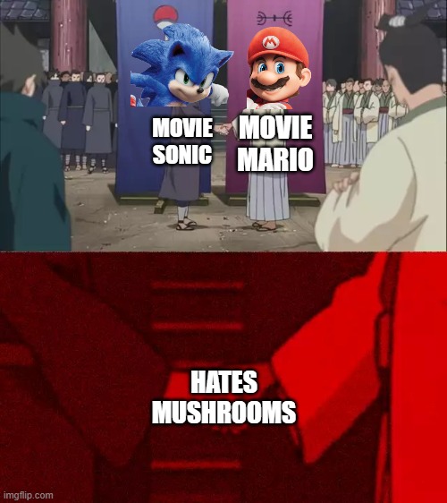 one thing they have in common | MOVIE MARIO; MOVIE SONIC; HATES MUSHROOMS | image tagged in naruto handshake meme template,super mario bros,sonic the hedgehog,nintendo,sega,memes | made w/ Imgflip meme maker