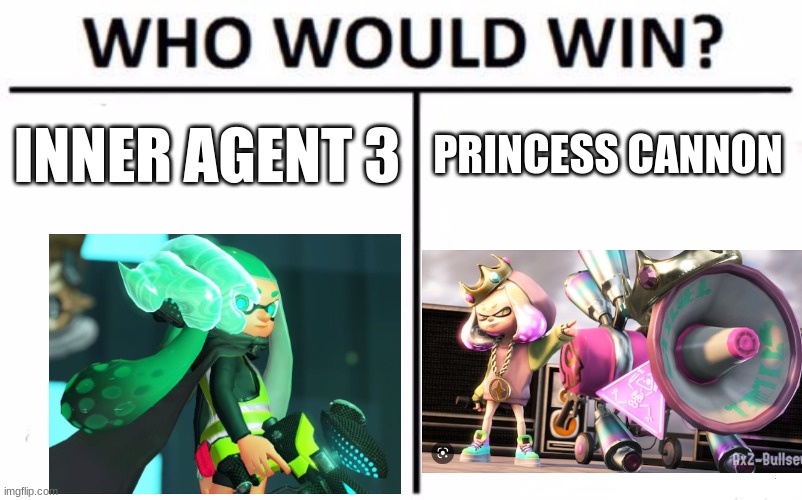 Who Would Win? | INNER AGENT 3; PRINCESS CANNON | image tagged in memes,who would win | made w/ Imgflip meme maker