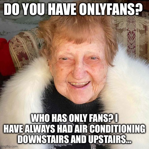 Grandma on Onlyfans | DO YOU HAVE ONLYFANS? WHO HAS ONLY FANS? I HAVE ALWAYS HAD AIR CONDITIONING DOWNSTAIRS AND UPSTAIRS… | image tagged in tiktok | made w/ Imgflip meme maker