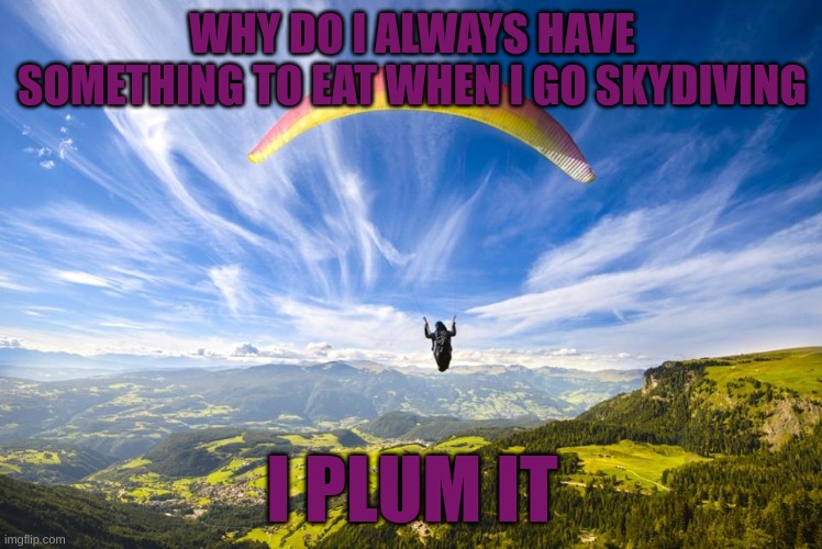 Parachute | WHY DO I ALWAYS HAVE SOMETHING TO EAT WHEN I GO SKYDIVING; I PLUM IT | image tagged in memes,funny,eyeroll | made w/ Imgflip meme maker