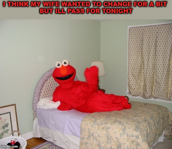 i think i will change country too | I THINK MY WIFE WANTED TO CHANGE FOR A BIT 
BUT ILL PASS FOR TONIGHT | image tagged in elmo,cursed image,sleeping,scary,sus | made w/ Imgflip meme maker