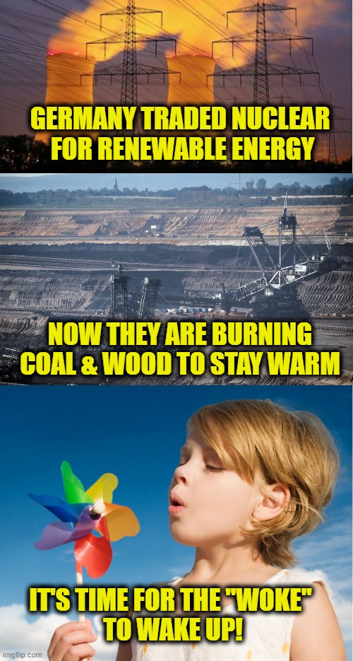 Energy Idiots | GERMANY TRADED NUCLEAR
 FOR RENEWABLE ENERGY; NOW THEY ARE BURNING
COAL & WOOD TO STAY WARM; IT'S TIME FOR THE "WOKE" 
TO WAKE UP! | image tagged in renewable energy | made w/ Imgflip meme maker